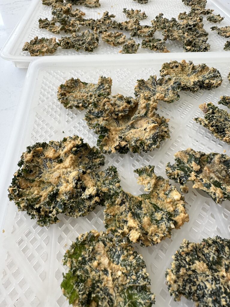 7 Hormone-Friendly Snacks Every Busy Mum Should Keep in Her Fridge | How to be a Mother y no Morir en el Intento Homemade dehydrated kale chips on a dehydrator tray, coated in a savoury seasoning mixture.